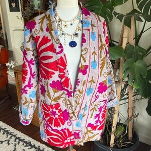 She’s1Oak Fine Kantha Suzani Embroidered Multicolor Short Jacket Kimono XS-L